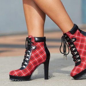 Plaid Booties Red